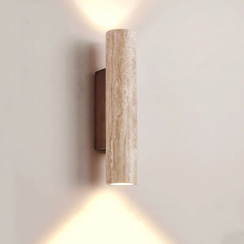 Applique da Parete Contemporanea Scandinava Cilindrica Rotonda in Travertino Giallo e Legno con 2 Luci per Soggiorno