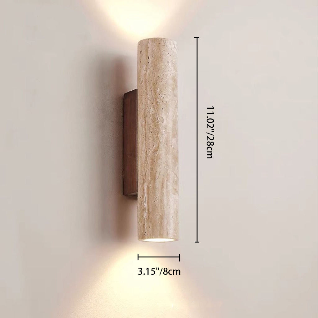 Applique da Parete Contemporanea Scandinava Cilindrica Rotonda in Travertino Giallo e Legno con 2 Luci per Soggiorno