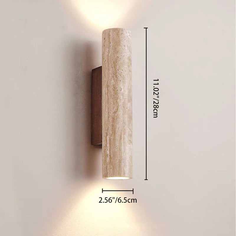 Applique da Parete Contemporanea Scandinava Cilindrica Rotonda in Travertino Giallo e Legno con 2 Luci per Soggiorno