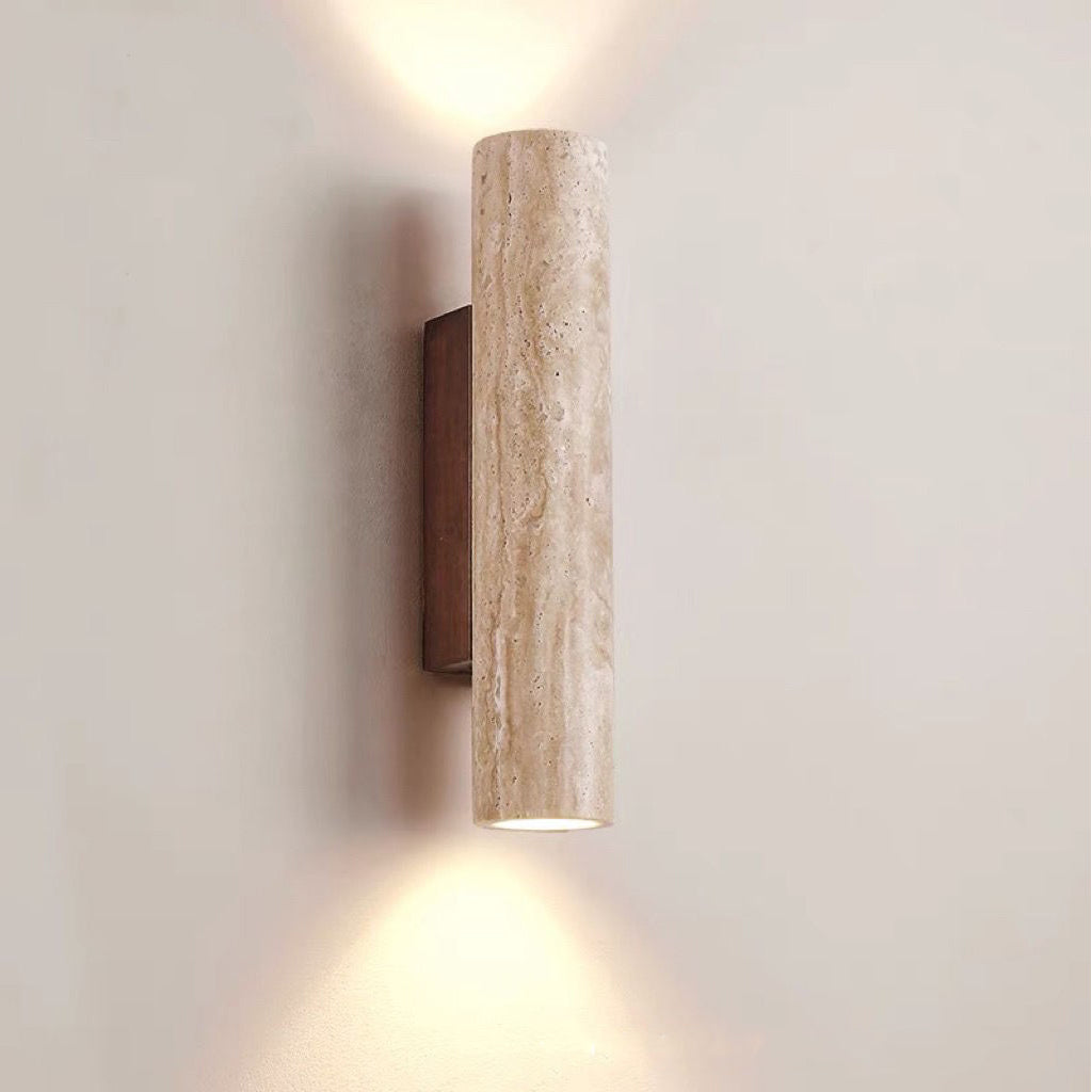 Applique da Parete Contemporanea Scandinava Cilindrica Rotonda in Travertino Giallo e Legno con 2 Luci per Soggiorno
