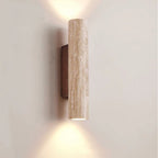 Applique da Parete Contemporanea Scandinava Cilindrica Rotonda in Travertino Giallo e Legno con 2 Luci per Soggiorno