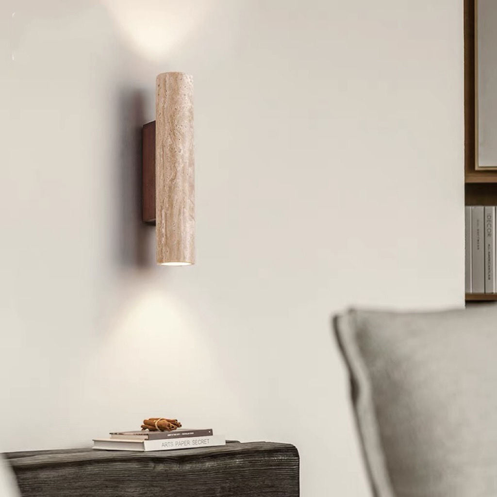 Applique da Parete Contemporanea Scandinava Cilindrica Rotonda in Travertino Giallo e Legno con 2 Luci per Soggiorno