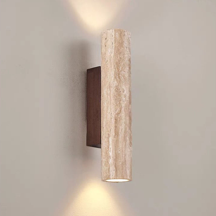 Applique da Parete Contemporanea Scandinava Cilindrica Rotonda in Travertino Giallo e Legno con 2 Luci per Soggiorno
