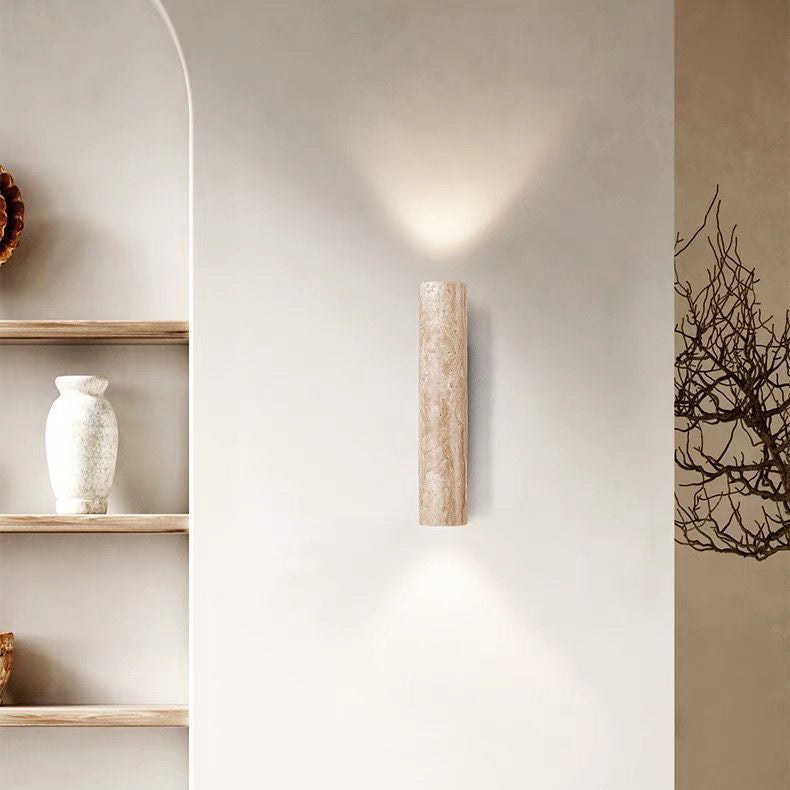 Applique da Parete Contemporanea Scandinava Cilindrica Rotonda in Travertino Giallo e Legno con 2 Luci per Soggiorno