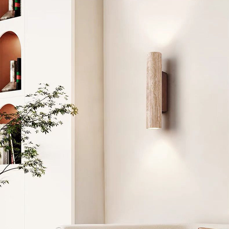 Applique da Parete Contemporanea Scandinava Cilindrica Rotonda in Travertino Giallo e Legno con 2 Luci per Soggiorno