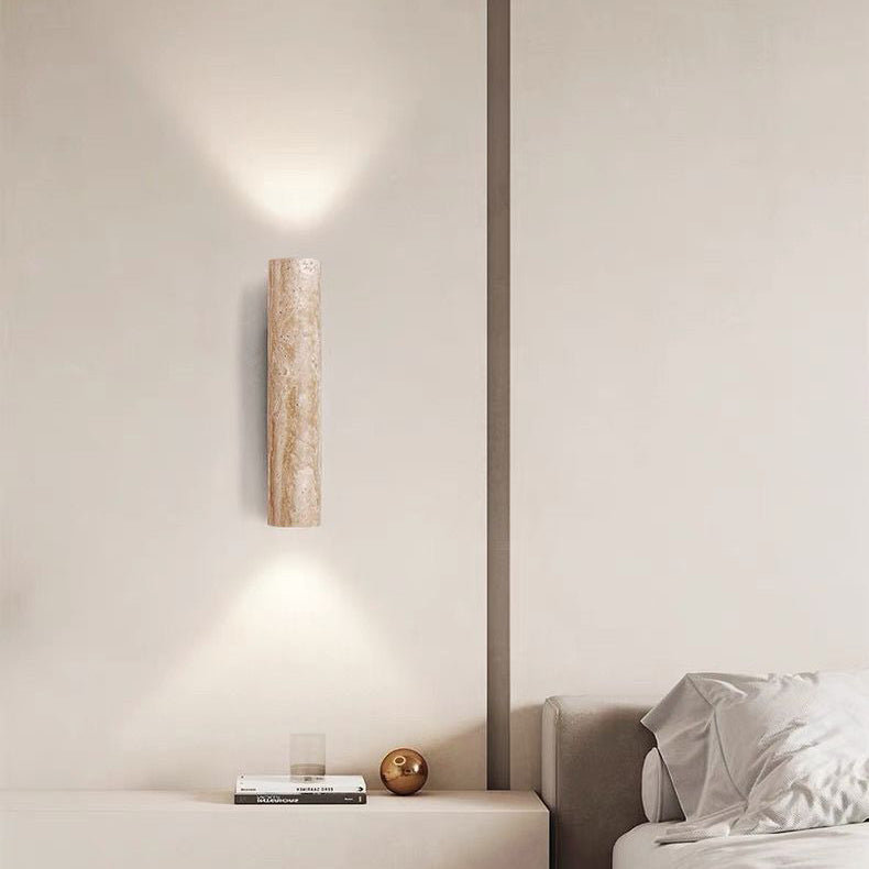 Applique da Parete Contemporanea Scandinava Cilindrica Rotonda in Travertino Giallo e Legno con 2 Luci per Soggiorno