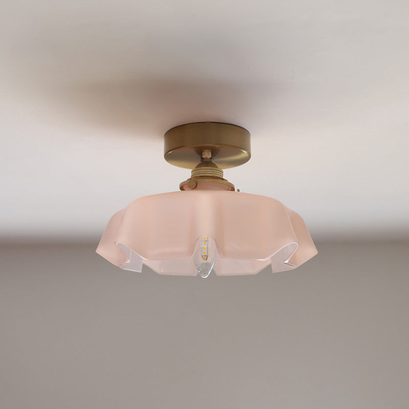 Tradizionale Lampada da Soffitto Semi-Incastonata in Ottone Vetro Ferro Rotonda Piegata a 1 Luce per Corridoio
