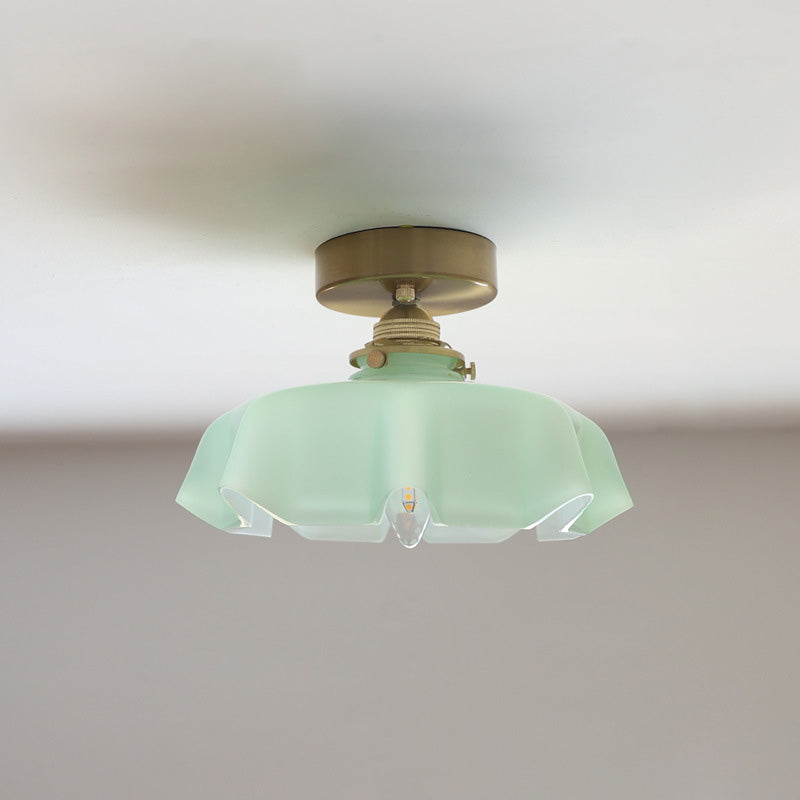 Tradizionale Lampada da Soffitto Semi-Incastonata in Ottone Vetro Ferro Rotonda Piegata a 1 Luce per Corridoio