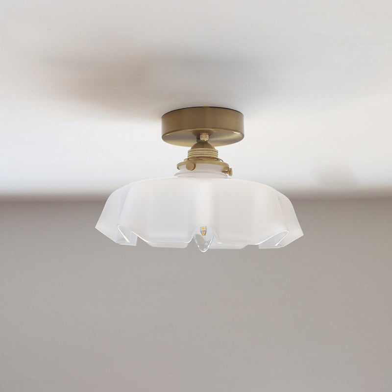 Tradizionale Lampada da Soffitto Semi-Incastonata in Ottone Vetro Ferro Rotonda Piegata a 1 Luce per Corridoio