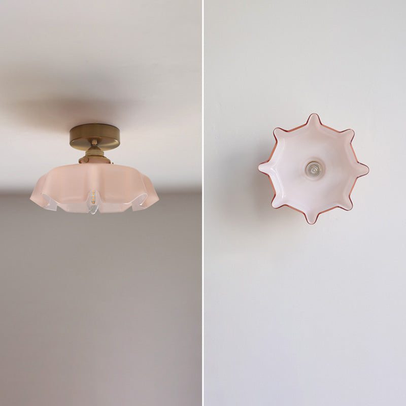 Tradizionale Lampada da Soffitto Semi-Incastonata in Ottone Vetro Ferro Rotonda Piegata a 1 Luce per Corridoio