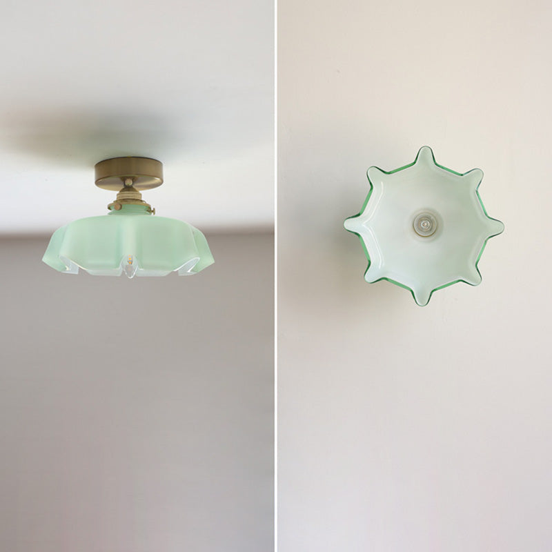 Tradizionale Lampada da Soffitto Semi-Incastonata in Ottone Vetro Ferro Rotonda Piegata a 1 Luce per Corridoio
