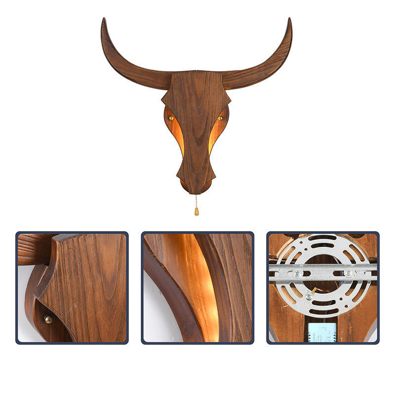 Lampada da Parete LED a Testa di Mucca in Legno Massello Rustico Tradizionale per Corridoio