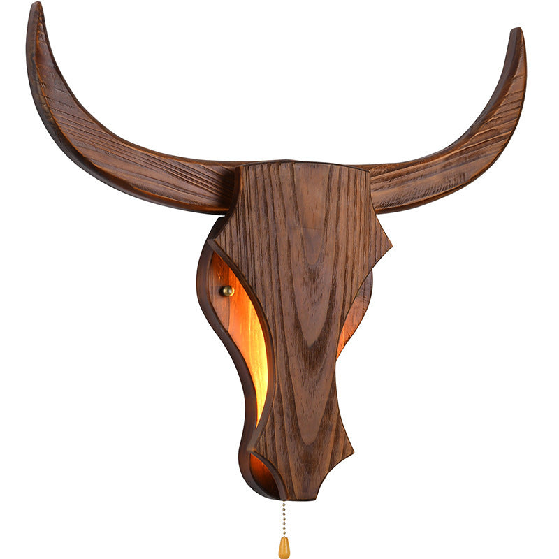 Lampada da Parete LED a Testa di Mucca in Legno Massello Rustico Tradizionale per Corridoio