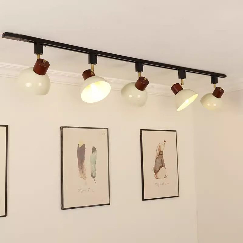 Ciotola Rotonda in Ferro e Legno Nordico Contemporaneo Regolabile 1/2/3/4/5 Illuminazione a Binario Semi-Sospesa per Sala da Pranzo