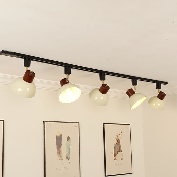 Ciotola Rotonda in Ferro e Legno Nordico Contemporaneo Regolabile 1/2/3/4/5 Illuminazione a Binario Semi-Sospesa per Sala da Pranzo
