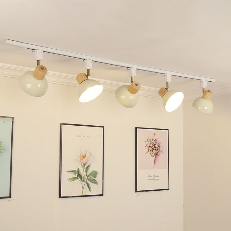 Ciotola Rotonda in Ferro e Legno Nordico Contemporaneo Regolabile 1/2/3/4/5 Illuminazione a Binario Semi-Sospesa per Sala da Pranzo