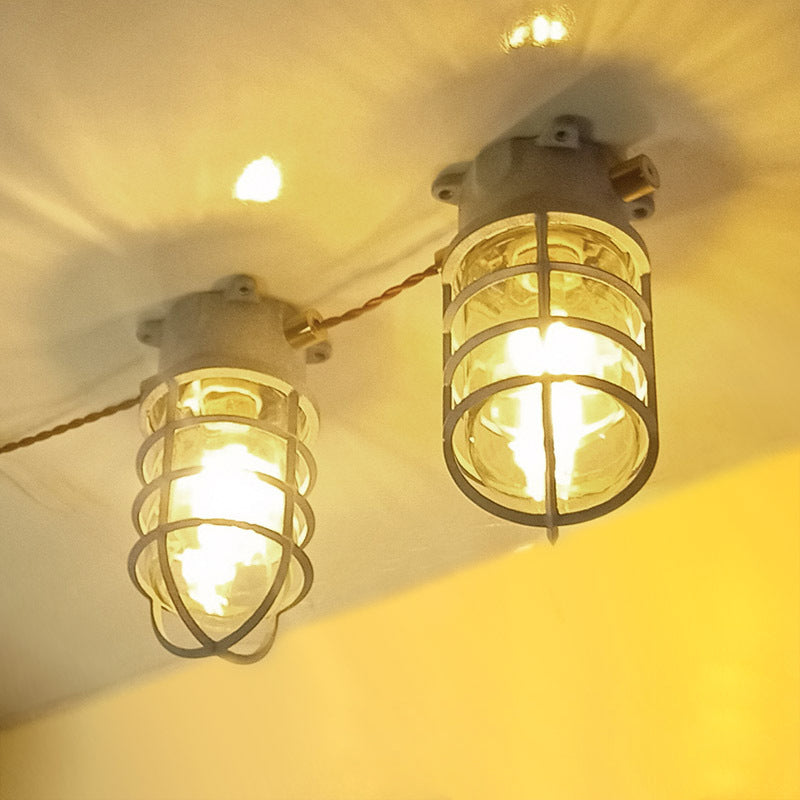 Lampada da soffitto semi-incassata in alluminio industriale contemporaneo, impermeabile, con cilindro in vetro, 1 luce, per esterni e patio
