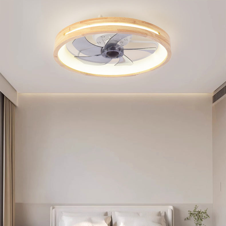Ventilatore a soffitto LED rotondo in legno massello giapponese tradizionale con luce flush mount per camera da letto