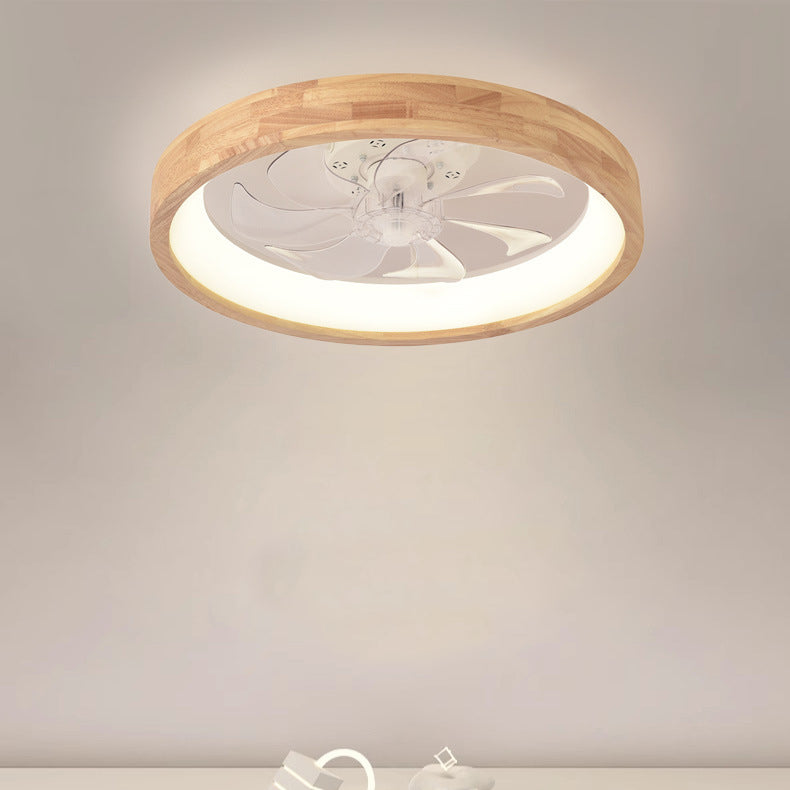Ventilatore a soffitto LED rotondo in legno massello giapponese tradizionale con luce flush mount per camera da letto
