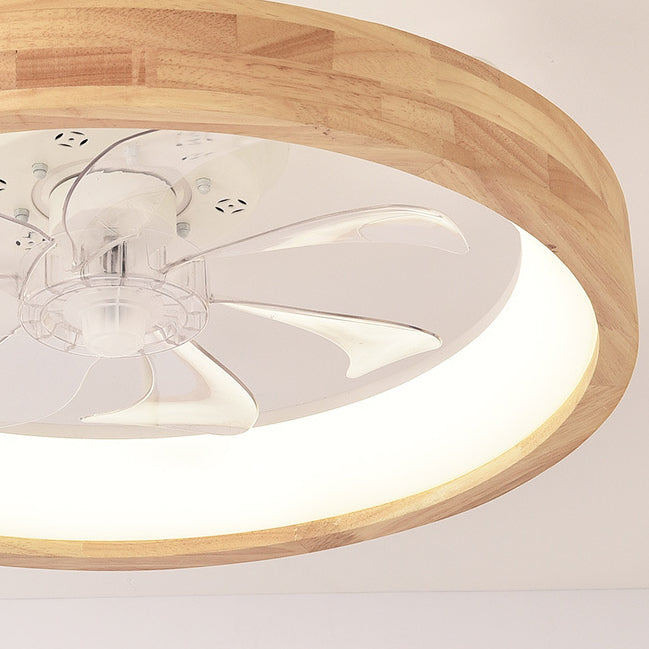 Ventilatore a soffitto LED rotondo in legno massello giapponese tradizionale con luce flush mount per camera da letto