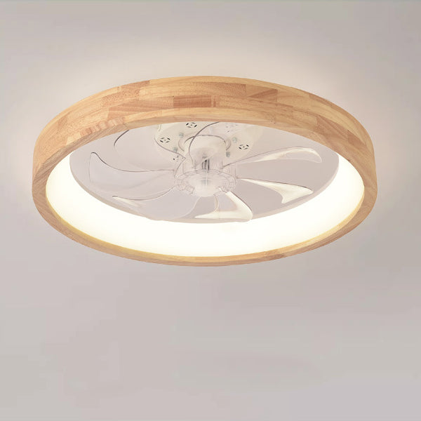Ventilatore a soffitto LED rotondo in legno massello giapponese tradizionale con luce flush mount per camera da letto