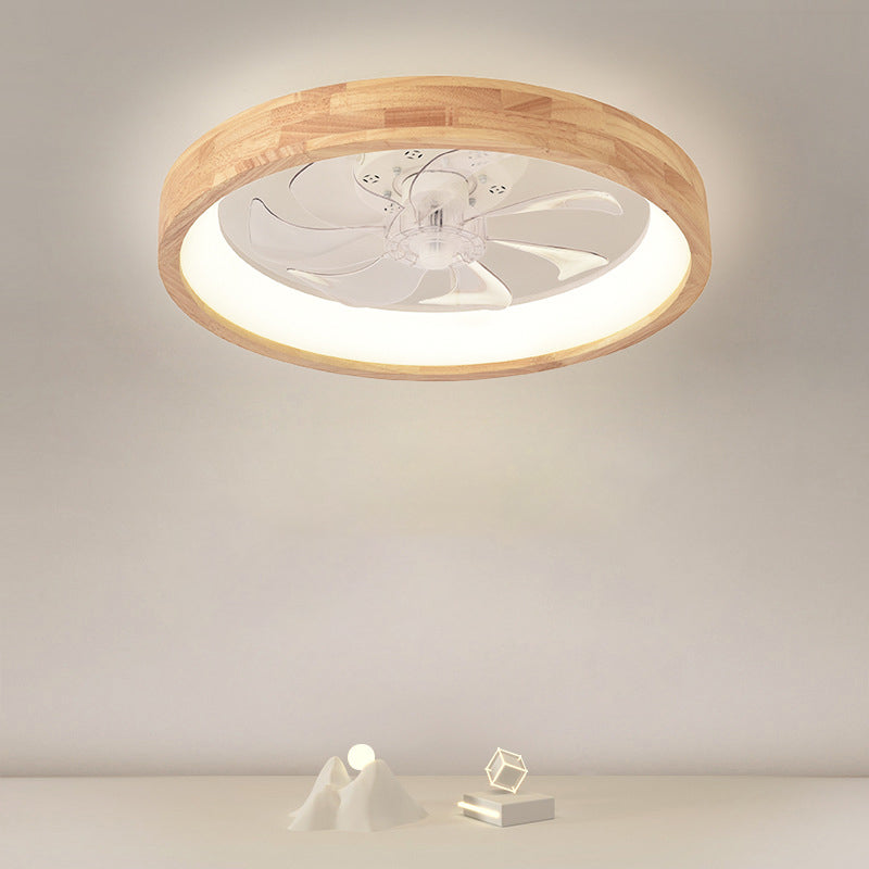 Ventilatore a soffitto LED rotondo in legno massello giapponese tradizionale con luce flush mount per camera da letto