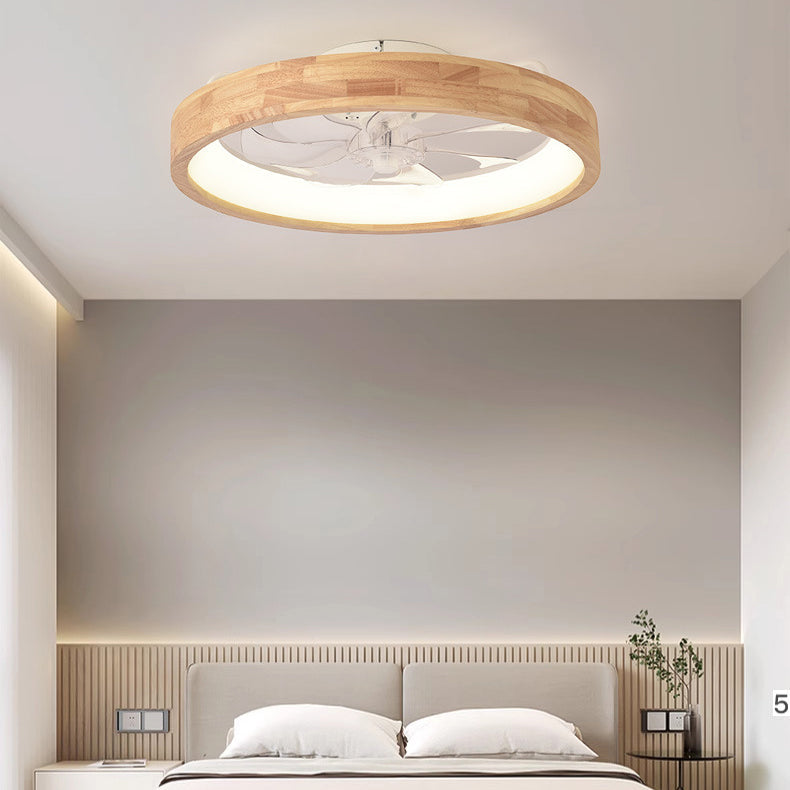Ventilatore a soffitto LED rotondo in legno massello giapponese tradizionale con luce flush mount per camera da letto