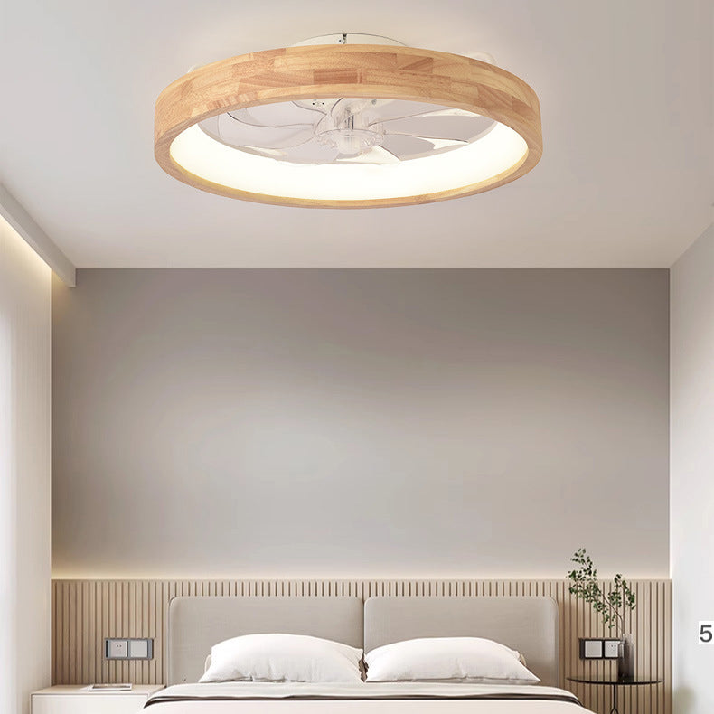 Ventilatore a soffitto LED rotondo in legno massello giapponese tradizionale con luce flush mount per camera da letto