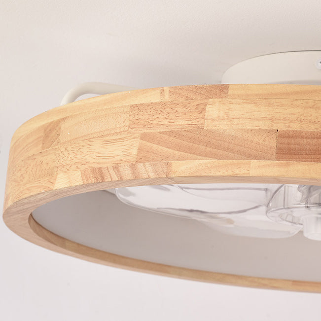 Ventilatore a soffitto LED rotondo in legno massello giapponese tradizionale con luce flush mount per camera da letto