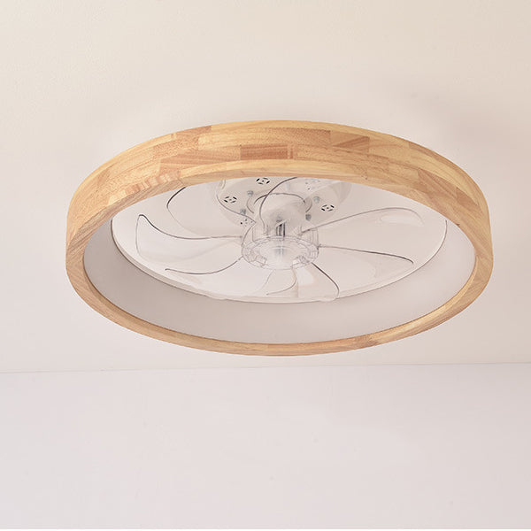Ventilatore a soffitto LED rotondo in legno massello giapponese tradizionale con luce flush mount per camera da letto