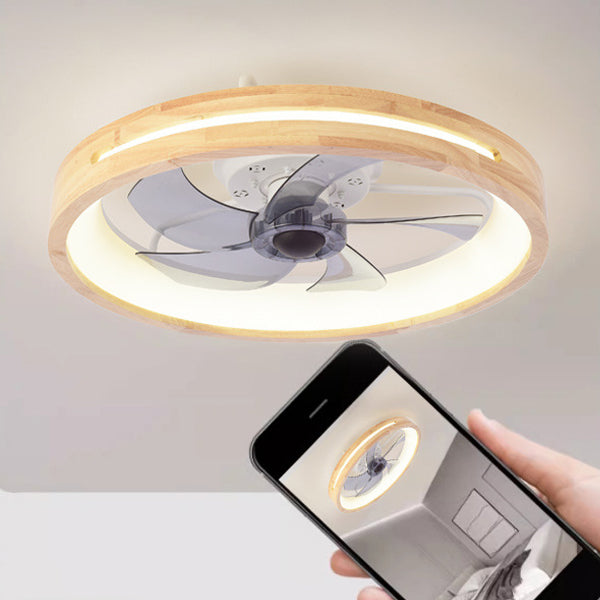 Ventilatore a soffitto LED rotondo in legno massello giapponese tradizionale con luce flush mount per camera da letto