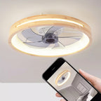 Ventilatore a soffitto LED rotondo in legno massello giapponese tradizionale con luce flush mount per camera da letto