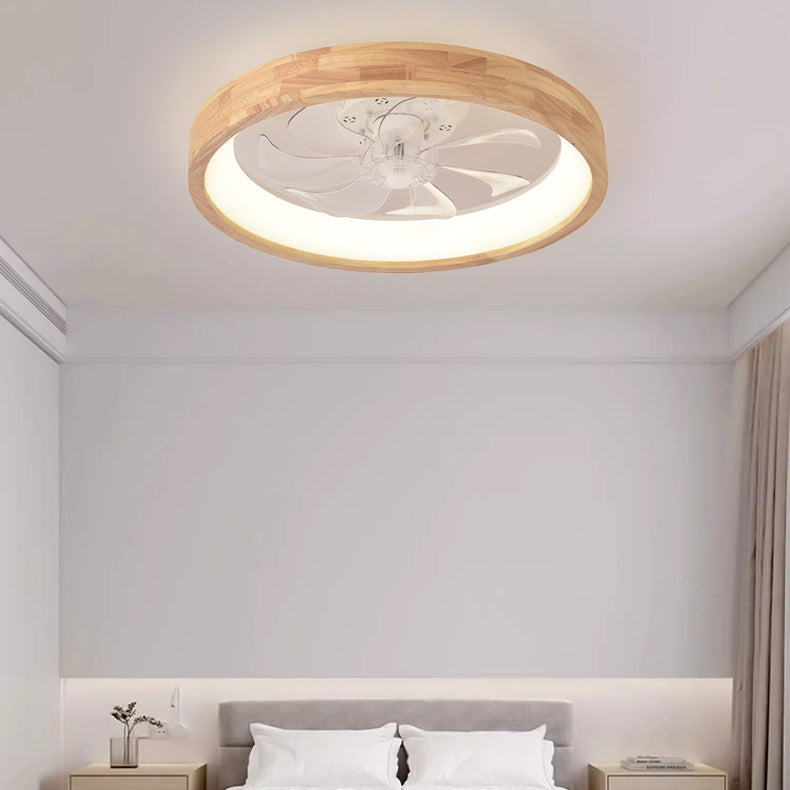 Ventilatore a soffitto LED rotondo in legno massello giapponese tradizionale con luce flush mount per camera da letto