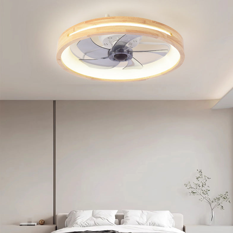 Ventilatore a soffitto LED rotondo in legno massello giapponese tradizionale con luce flush mount per camera da letto