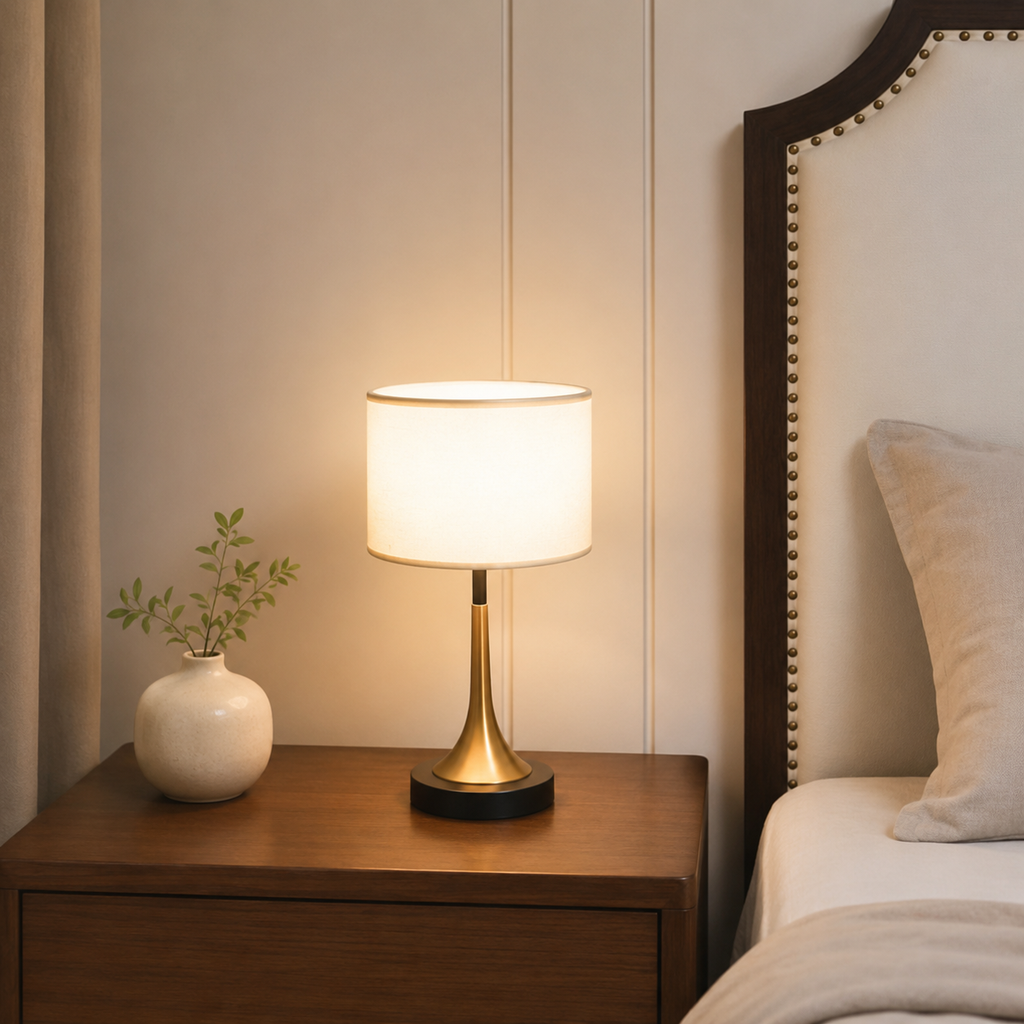 Lampada da Tavolo Dimmable a Sensore Touch in Metallo con Tessuto Retro Contemporaneo per Comodino