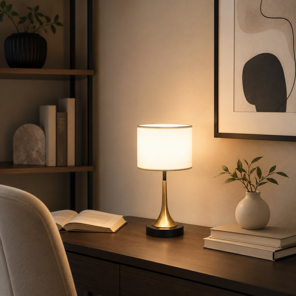 Lampada da Tavolo Dimmable a Sensore Touch in Metallo con Tessuto Retro Contemporaneo per Comodino