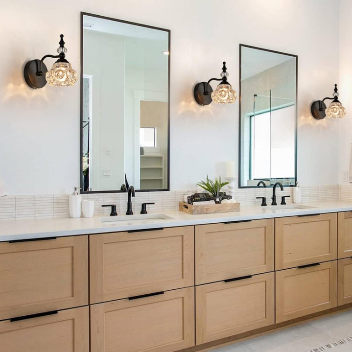 Applique da Parete in Vetro e Ferro Contemporaneo Retro, Lampada da Vanity con 1/2/3/4 Luci per Bagno