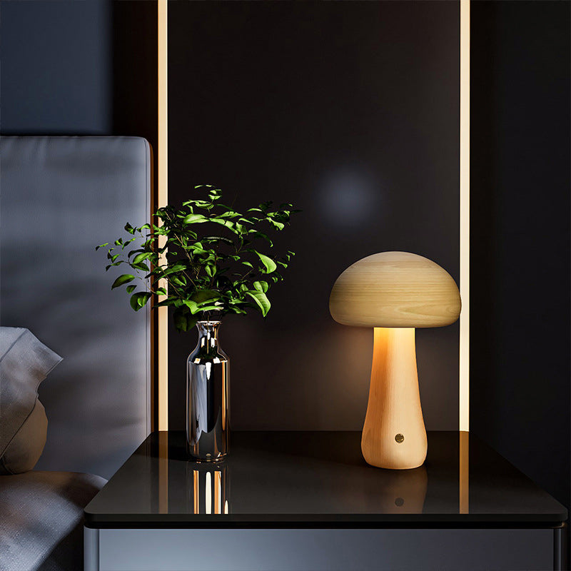 Lampada da Tavolo LED a Fungo Ricaricabile in Legno Massello Scandinava Contemporanea Luce Notturna per Comodino