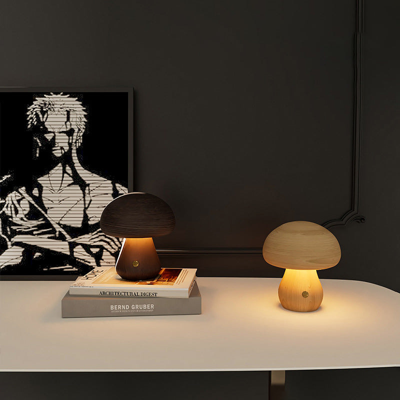 Lampada da Tavolo LED a Fungo Ricaricabile in Legno Massello Scandinava Contemporanea Luce Notturna per Comodino