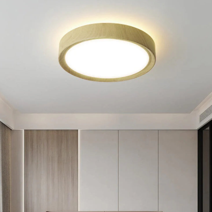 Moderno Semplice Lampadario Rotondo in Legno con Finitura in Ferro LED