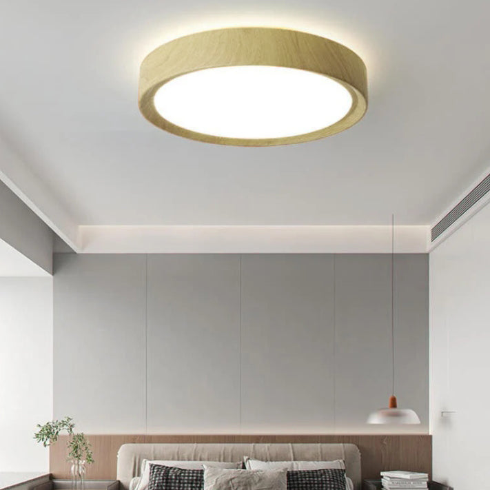 Moderno Semplice Lampadario Rotondo in Legno con Finitura in Ferro LED