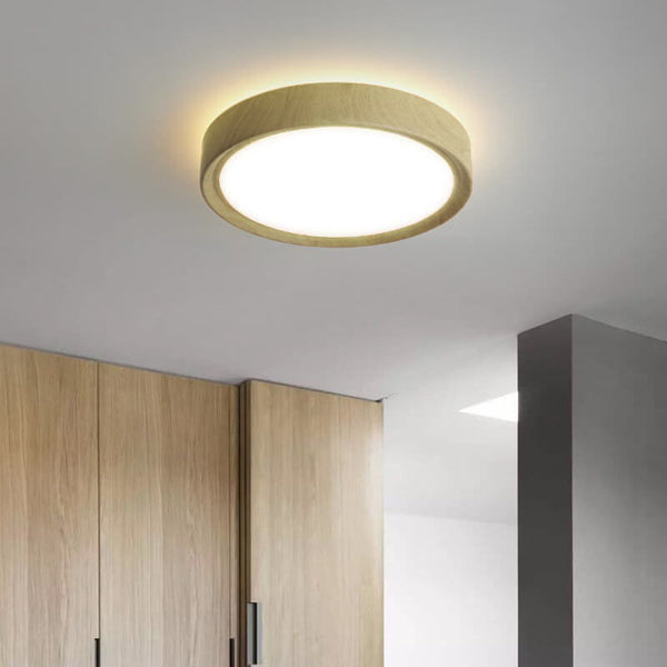 Moderno Semplice Lampadario Rotondo in Legno con Finitura in Ferro LED