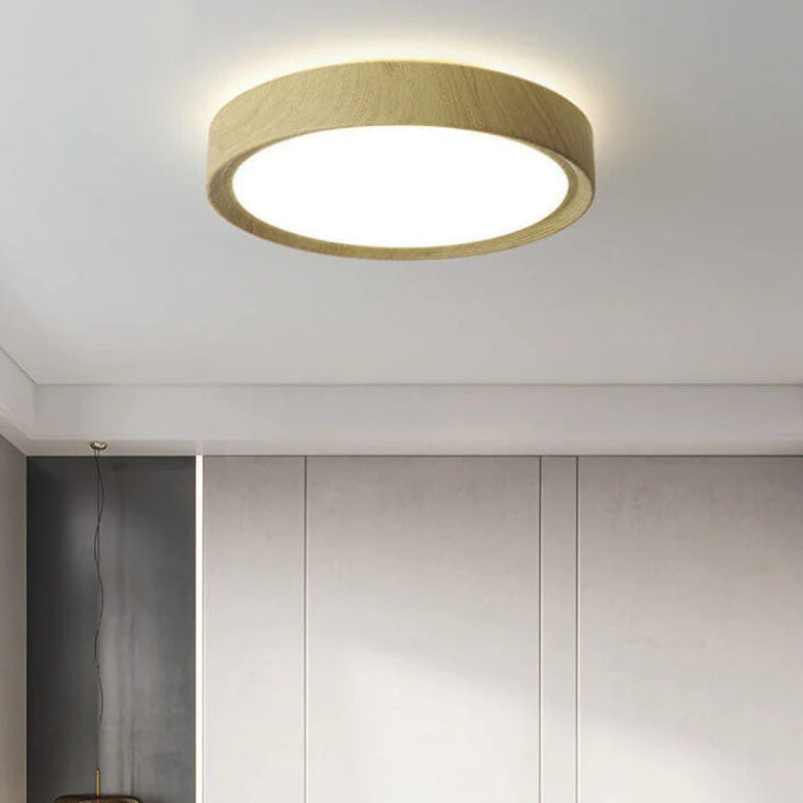 Moderno Semplice Lampadario Rotondo in Legno con Finitura in Ferro LED