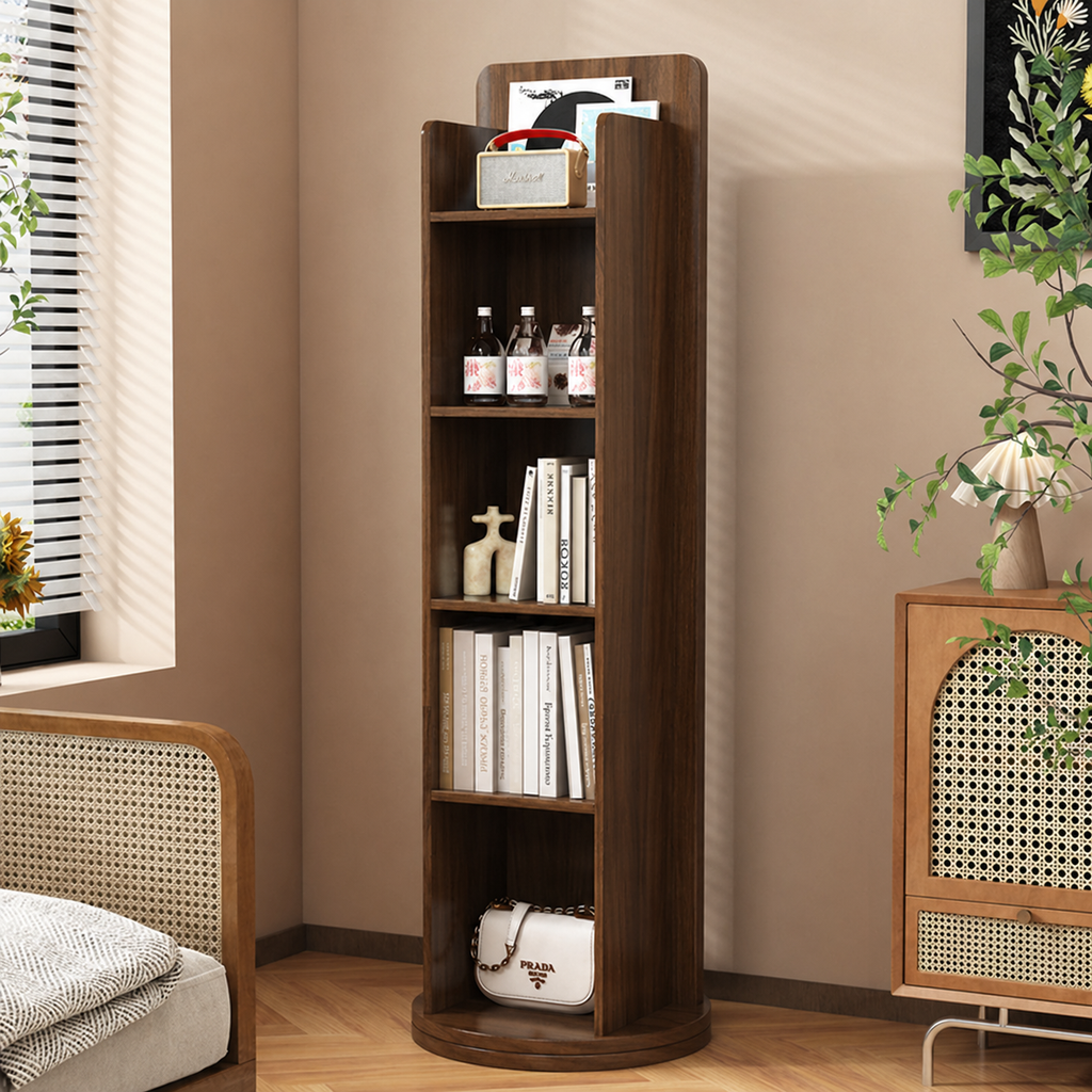 Specchio Rotante Vintage Rettangolare in Legno Massello Eco con Vetro Temperato, a Lunghezza Completa, con Mensola di Stoccaggio a 5 Ripiani per Ingressi