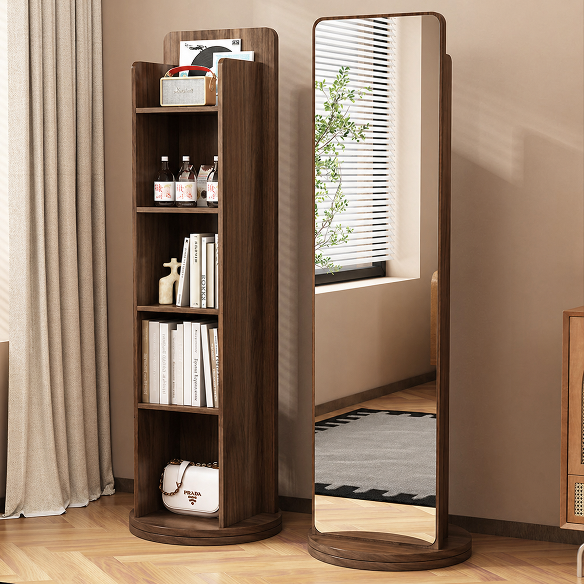 Specchio Rotante Vintage Rettangolare in Legno Massello Eco con Vetro Temperato, a Lunghezza Completa, con Mensola di Stoccaggio a 5 Ripiani per Ingressi