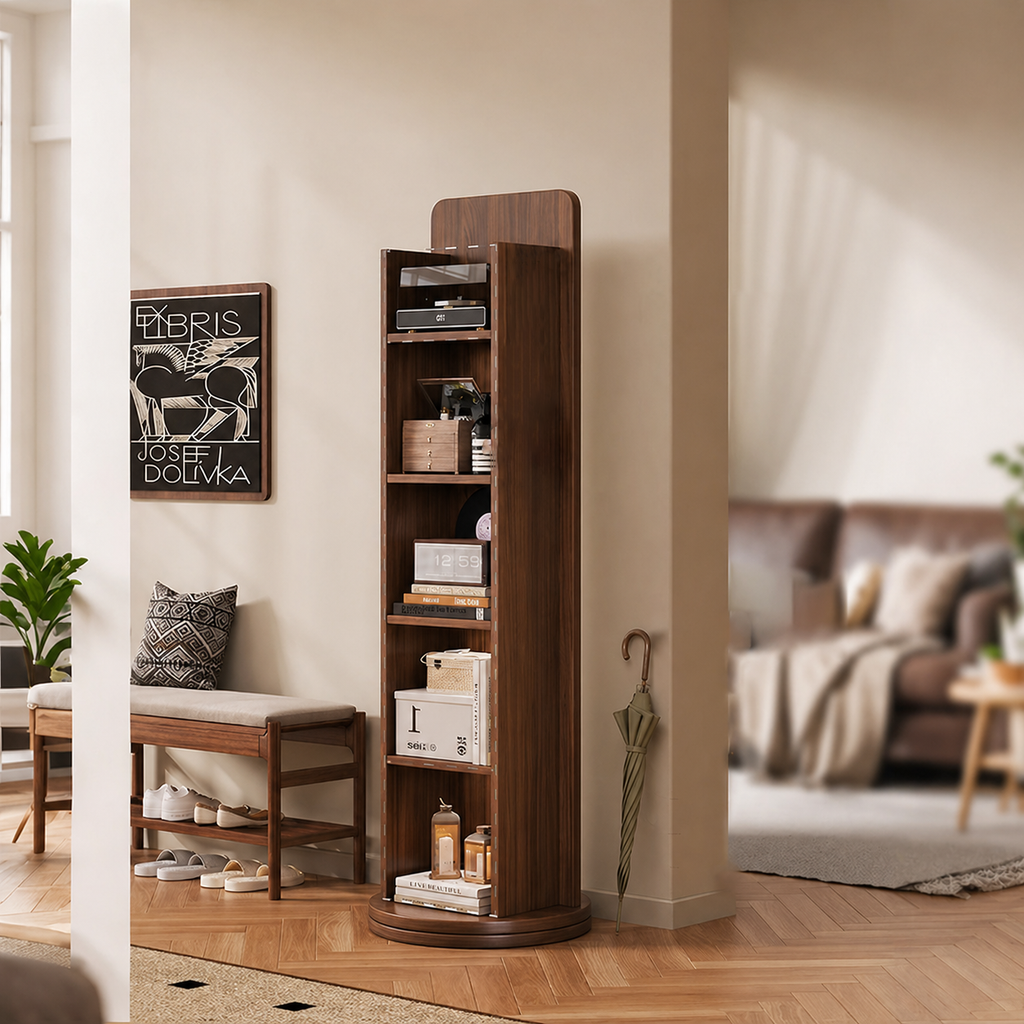 Specchio Rotante Vintage Rettangolare in Legno Massello Eco con Vetro Temperato, a Lunghezza Completa, con Mensola di Stoccaggio a 5 Ripiani per Ingressi