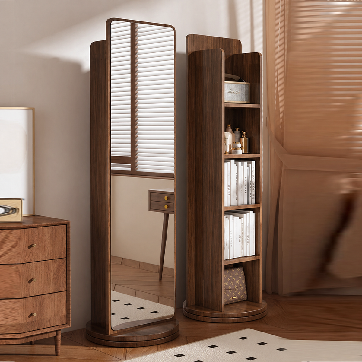 Specchio Rotante Vintage Rettangolare in Legno Massello Eco con Vetro Temperato, a Lunghezza Completa, con Mensola di Stoccaggio a 5 Ripiani per Ingressi