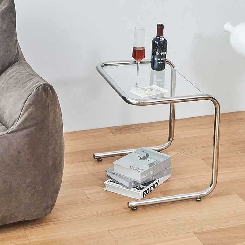 Tavolino Laterale Rettangolare in Vetro Temperato Minimalista Moderno in Ferro 1 Ripiano per Soggiorno