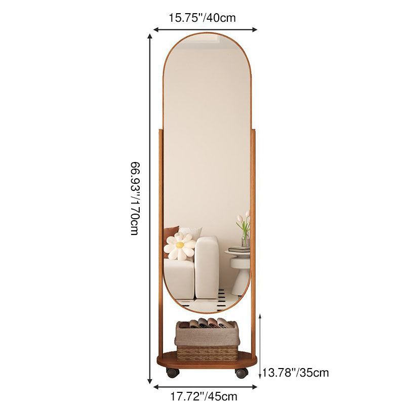 Specchio a tutta altezza in vetro e compensato rettangolare in stile scandinavo contemporaneo con ripiano per la camera da letto