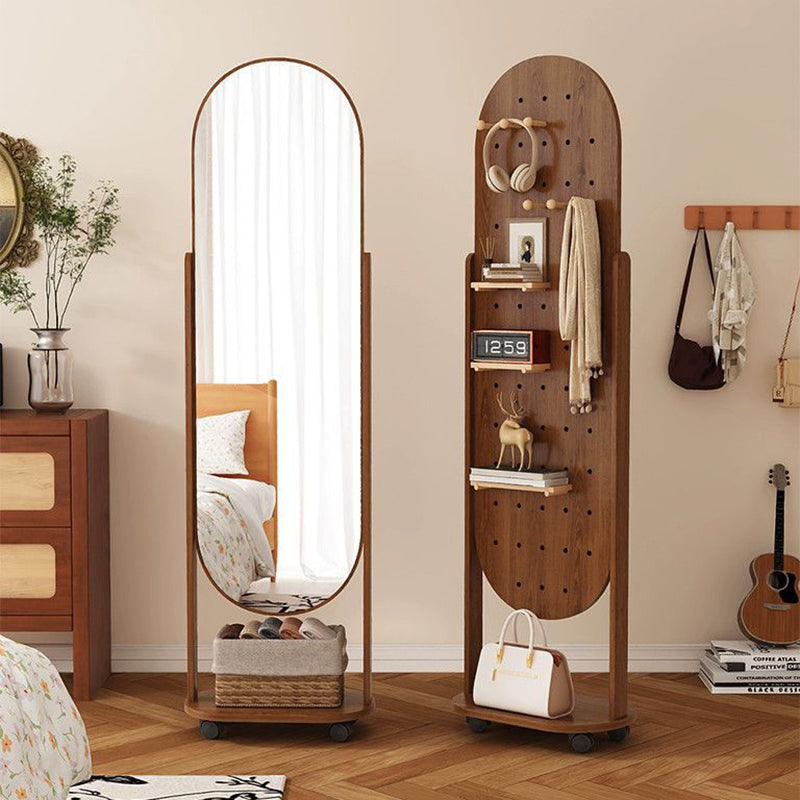 Specchio a tutta altezza in vetro e compensato rettangolare in stile scandinavo contemporaneo con ripiano per la camera da letto